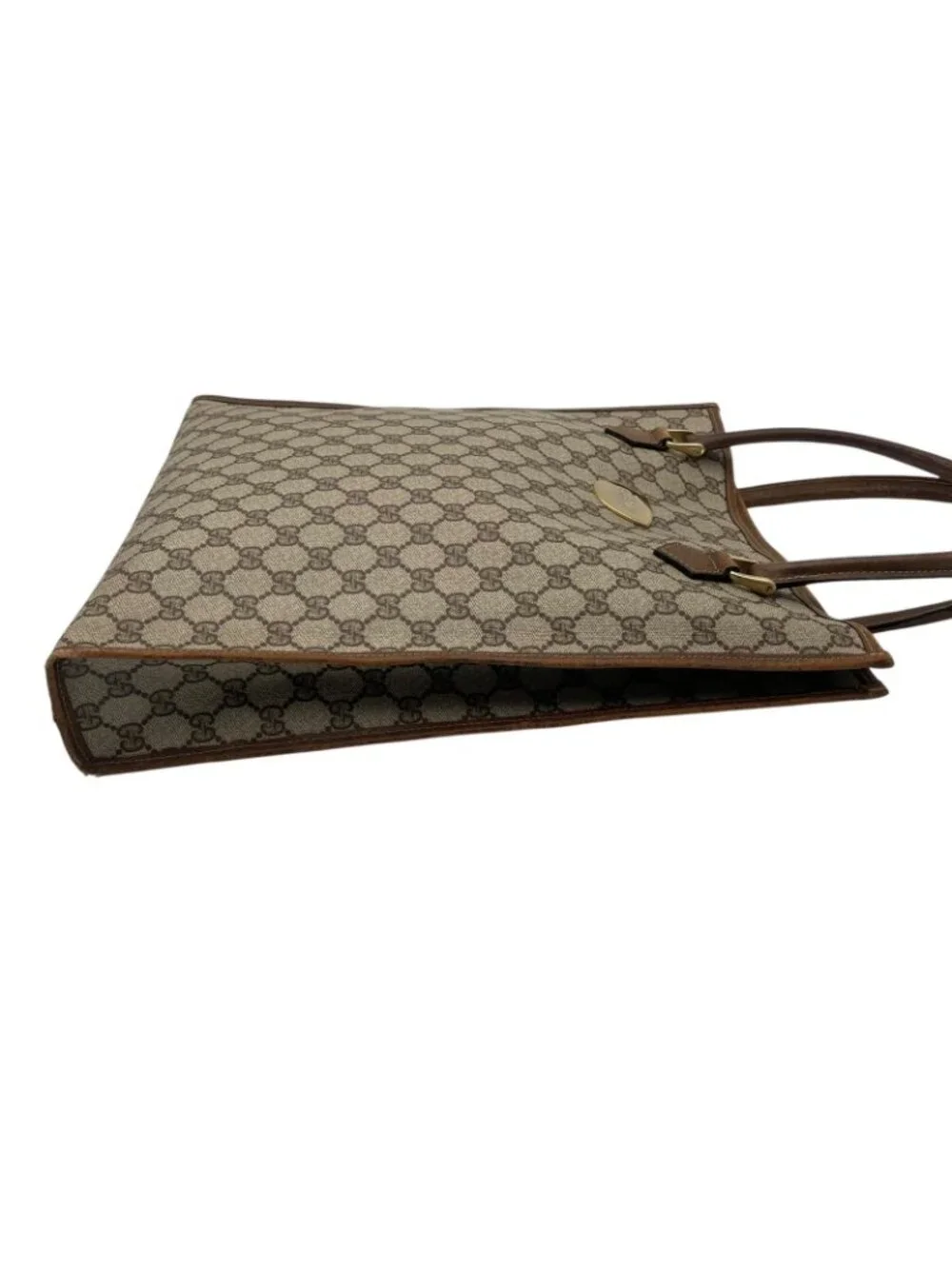 Gucci Tote Handle Vintage GG Plus Leather Gray Brown Gold Simple Business Daily